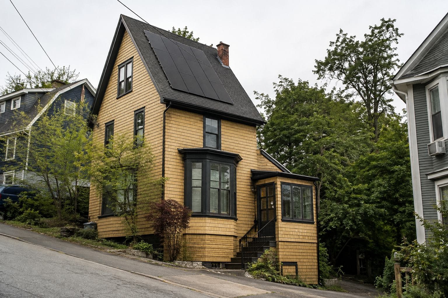 A yellow shingled house on a city street with solar panels on its roof