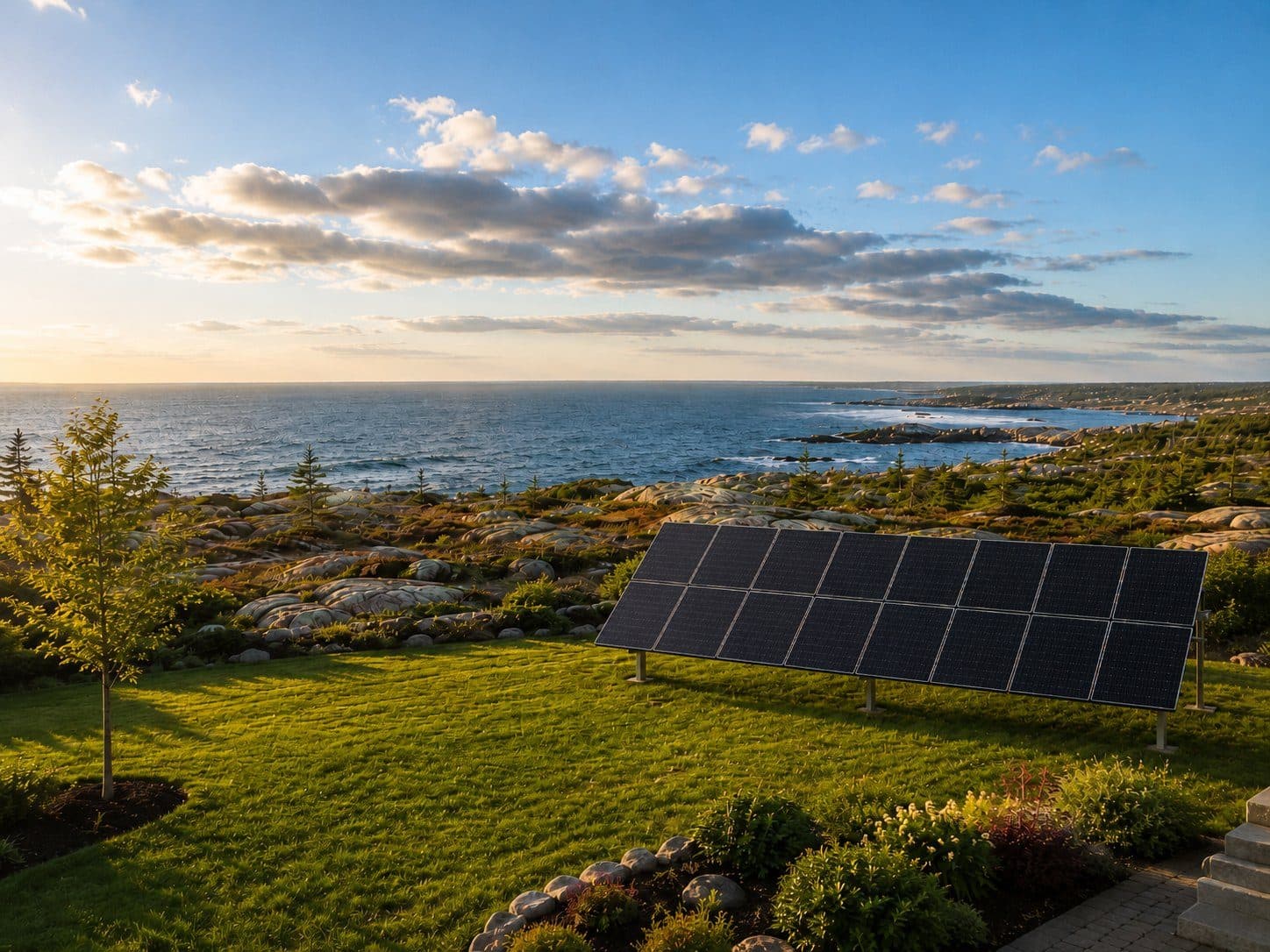 A residential ground-mount solar array on a coastal Nova Scotia lawn with granite barrens and the Atlantic Ocean in the distance