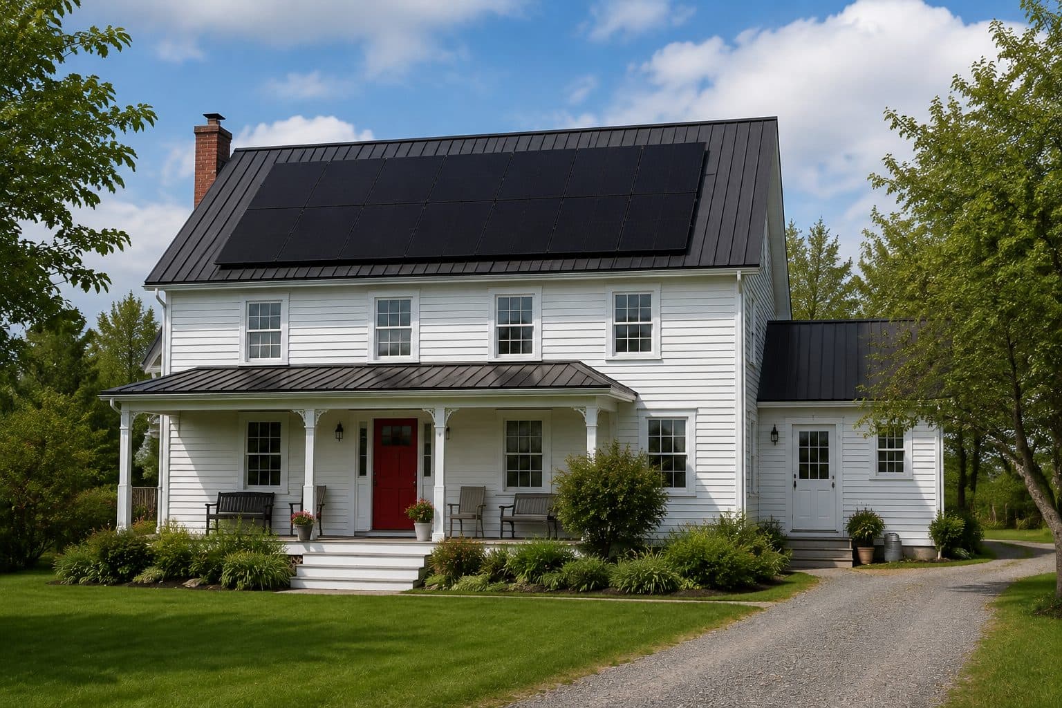 A white two-storey farmhouse with a red front door and rooftop solar panels