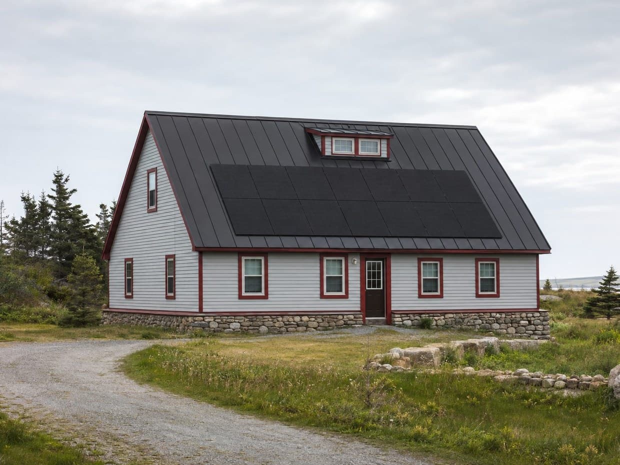 A grey clapboard home with red trim and a black standing-seam roof, solar panels and stone foundation, coastline behind