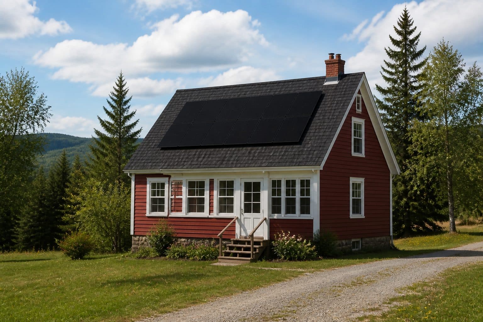 A red country house with white trim and rooftop solar panels