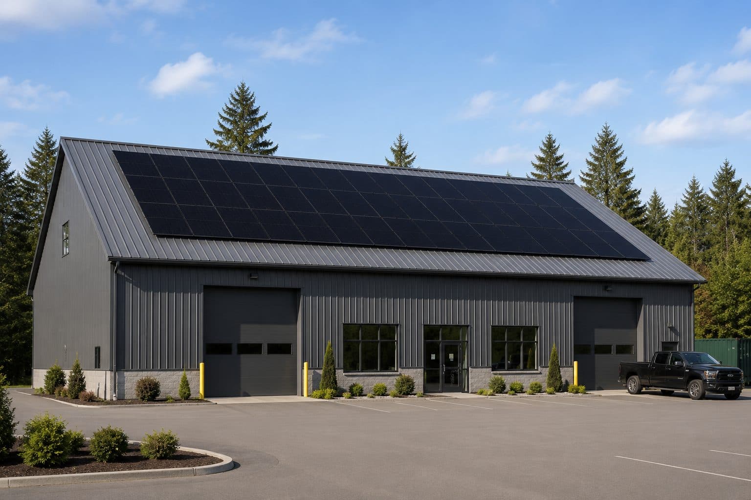 A grey steel commercial building with a full rooftop solar array and a truck parked outside