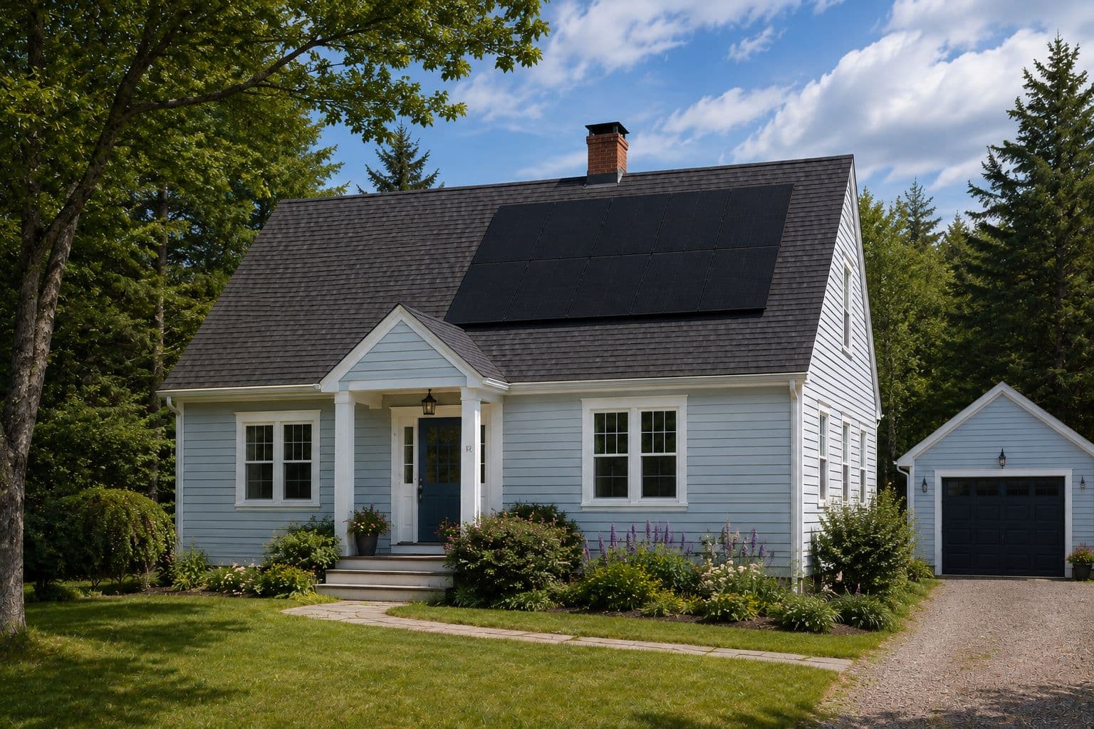 A pale blue cape-style Nova Scotia home with a garage and all-black rooftop solar panels