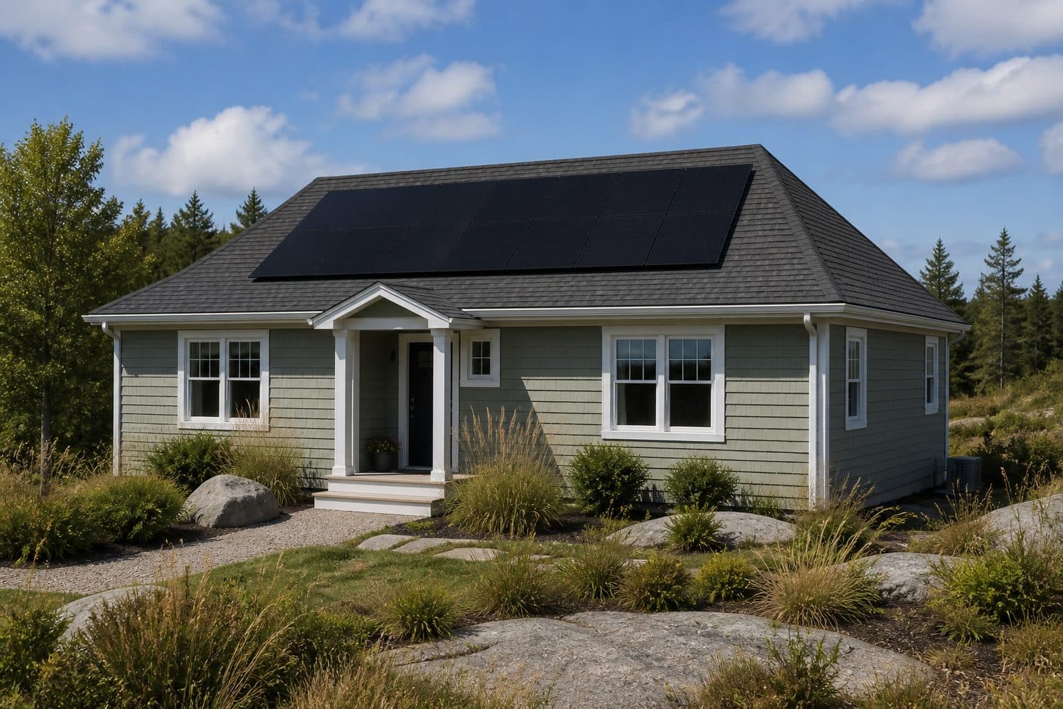 A sage green Nova Scotia bungalow with all-black rooftop solar panels