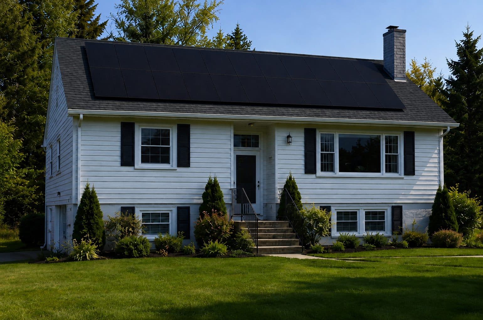 A white Nova Scotia home with black shutters and rooftop solar panels