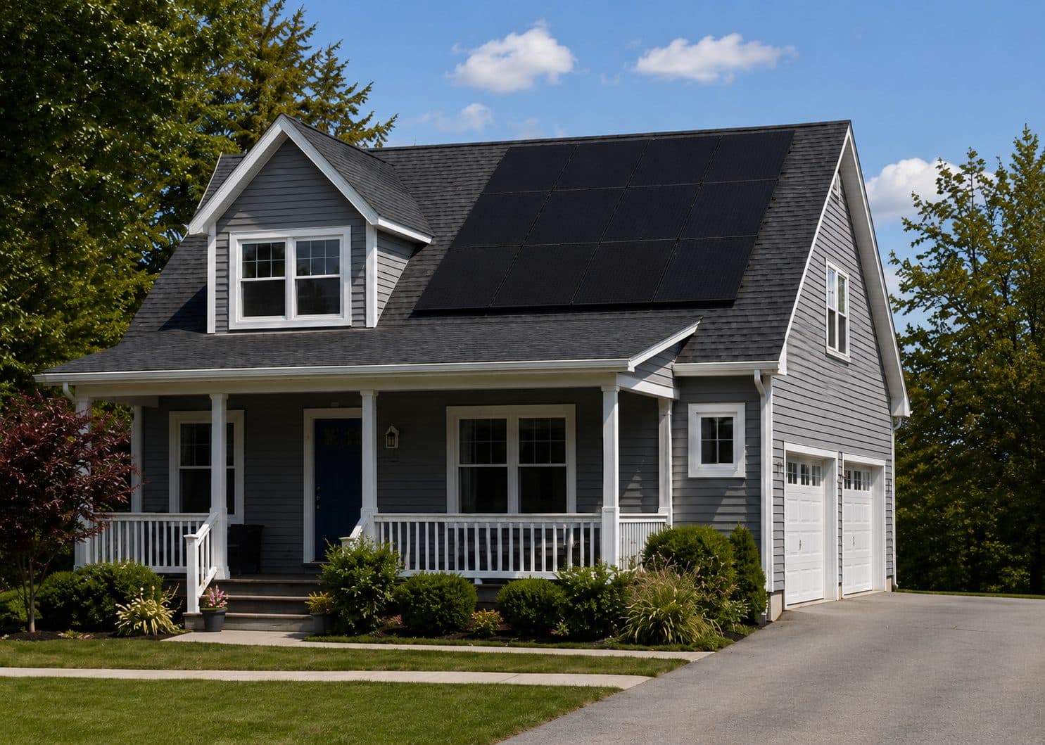 A grey two-storey Nova Scotia home with all-black rooftop solar panels