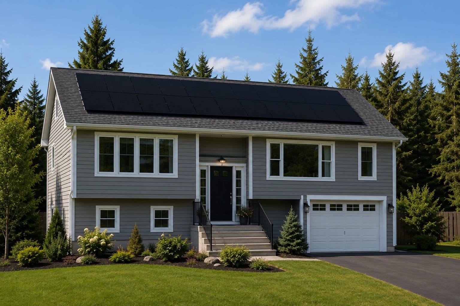 A grey split-level Nova Scotia home with all-black rooftop solar panels