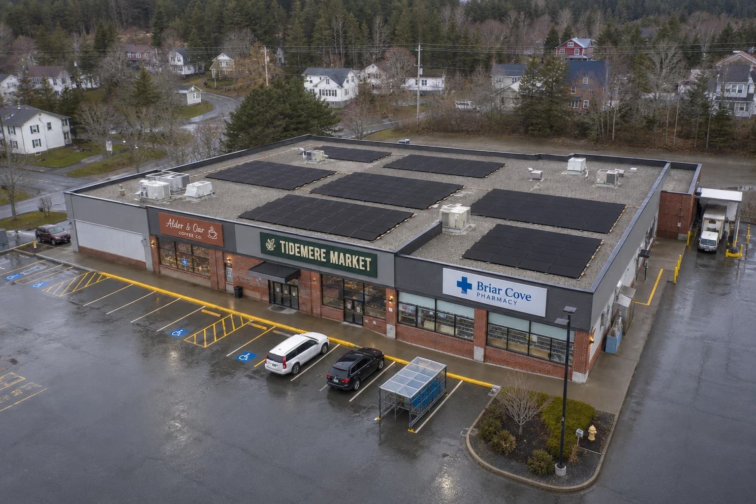 An aerial view of a retail plaza with solar panels across its flat roof