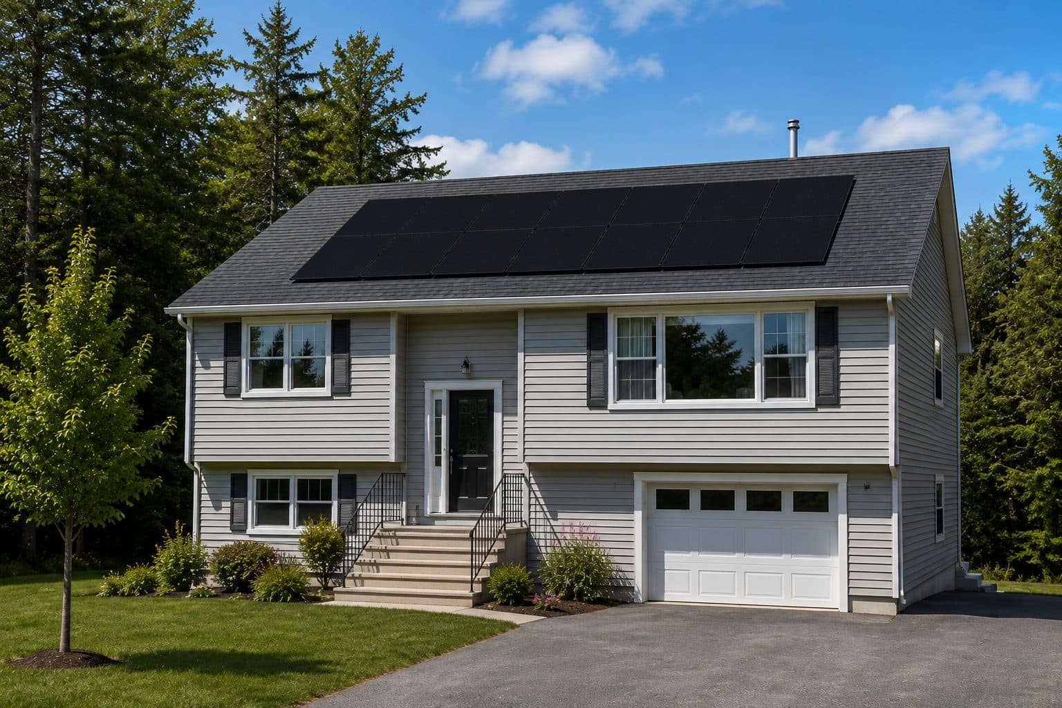 A grey split-level Nova Scotia home with an attached white garage and rooftop solar panels