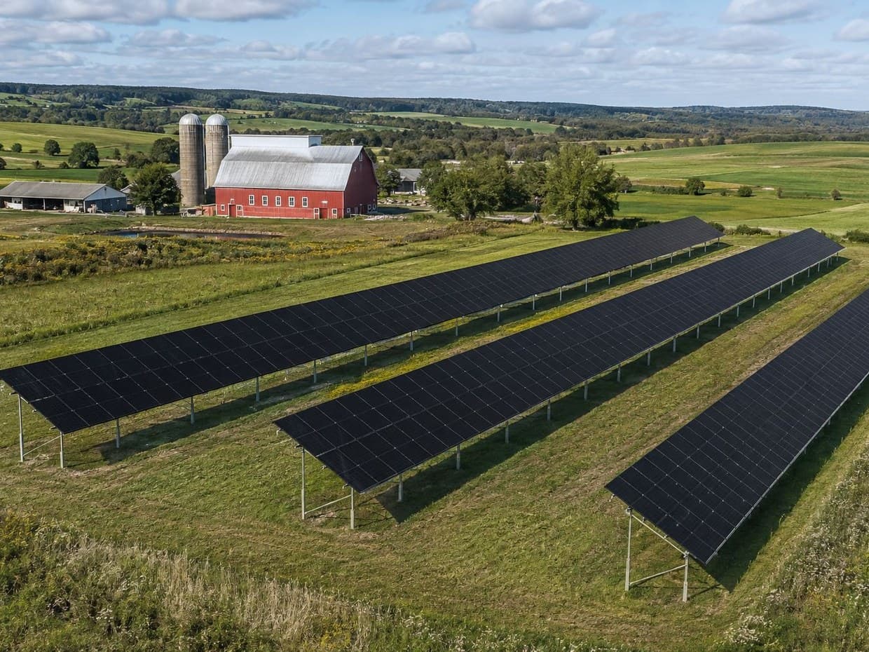 A Nova Scotia farm with three rows of ground-mounted solar panels beside a red barn