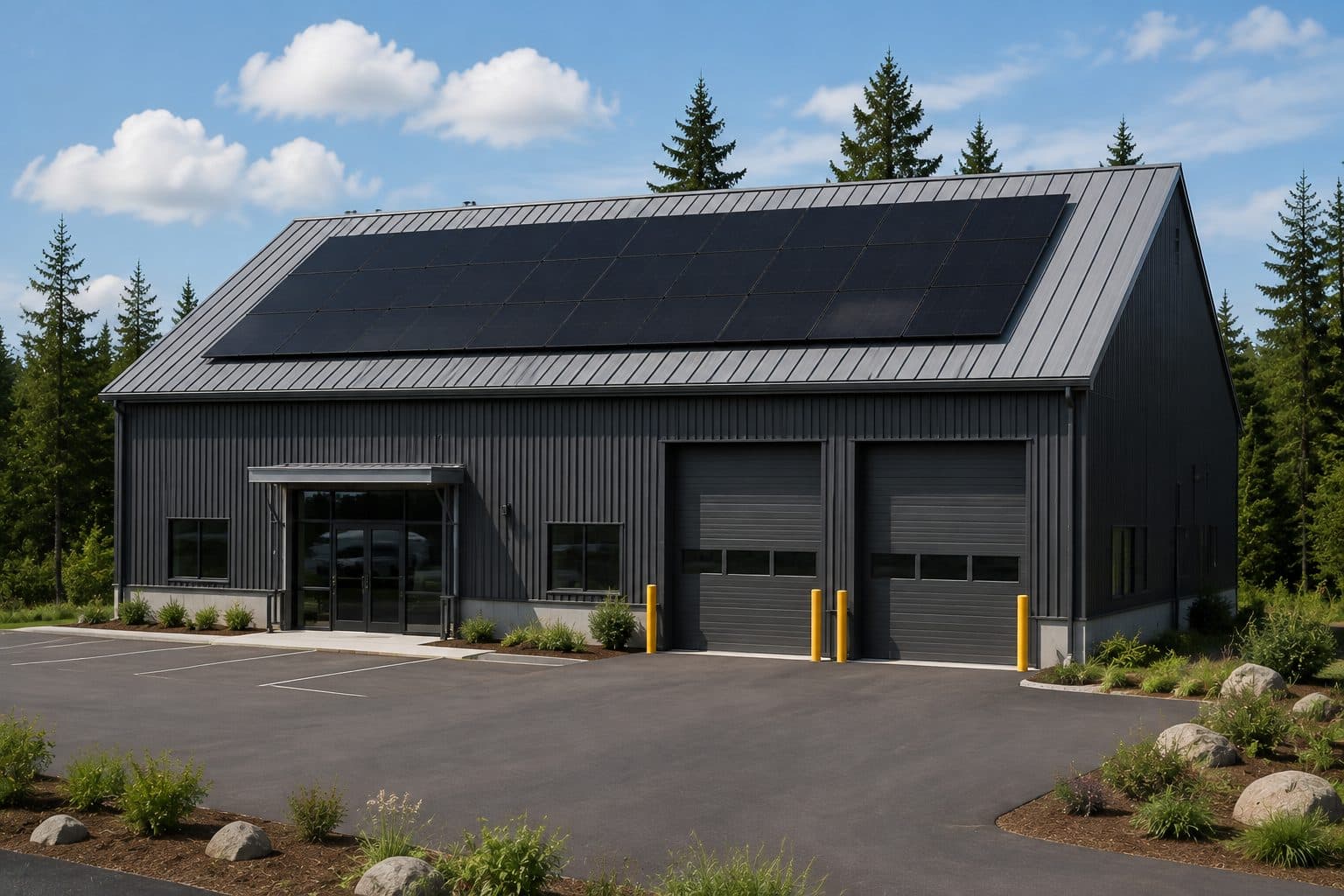 A dark grey steel commercial building with a full rooftop solar array