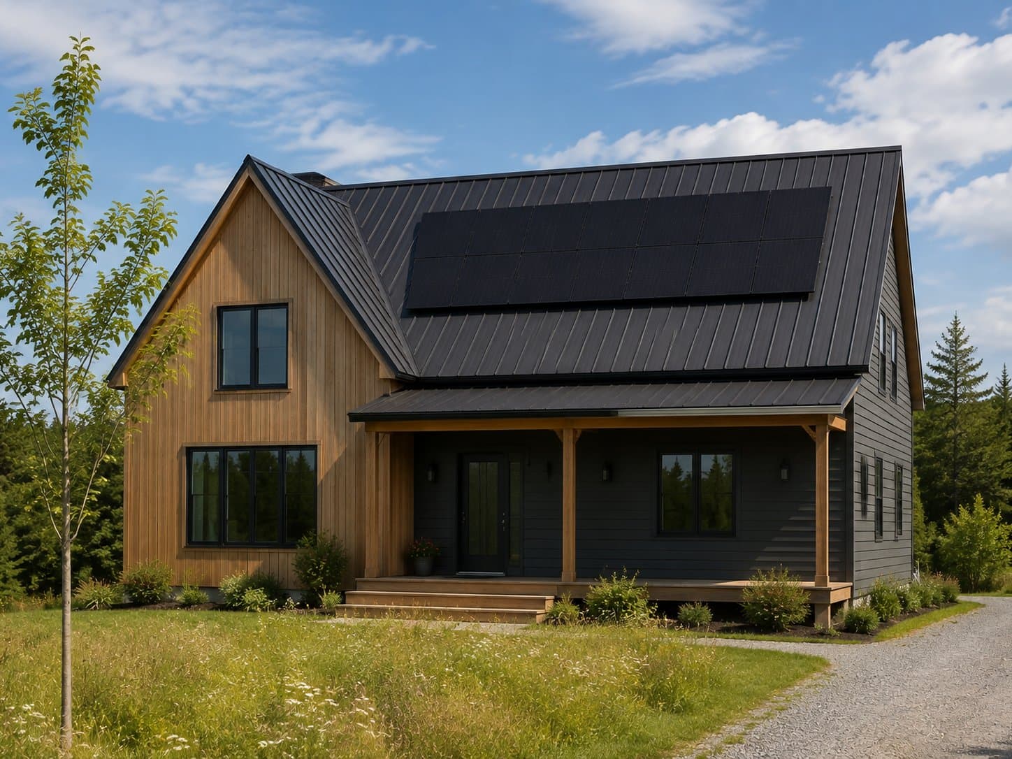 A modern wood-clad Nova Scotia home with an all-black rooftop solar array