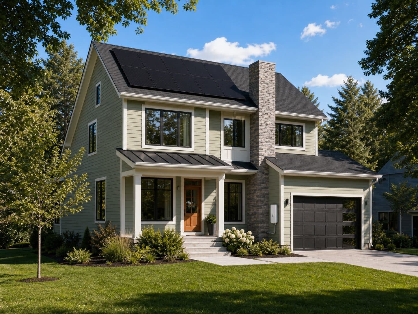 A sage green Nova Scotia home with rooftop solar panels